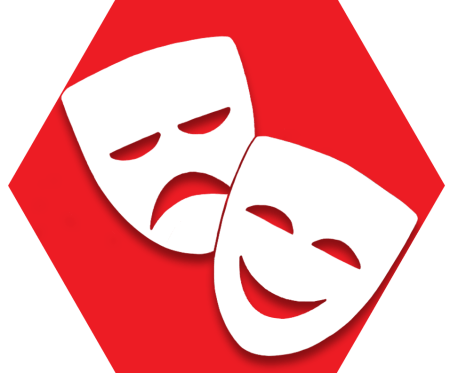 UFT Players Committee Red hexagon with symbol of drama masks representing UFT Players Committee