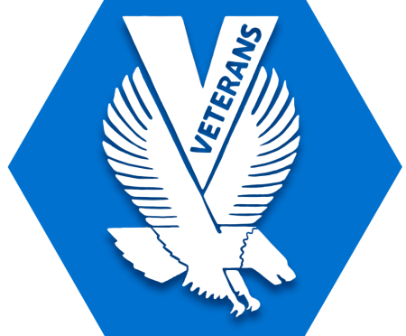 UFT Veterans Committee Blue hexagon with symbol of flying eagle and V with text "veterans" inside it