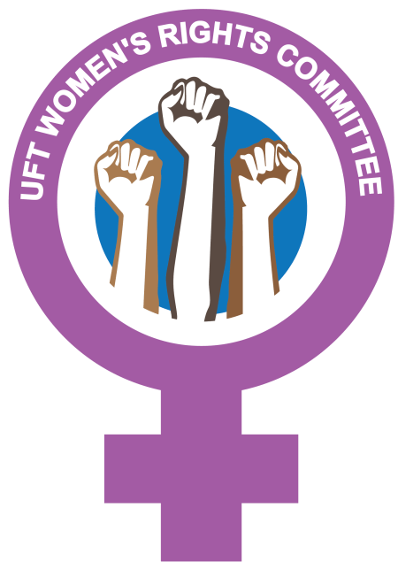 Women's Rights Committee Logo Three fists representing multicultural women up in the air with a purple band around it and a cross beneath the band