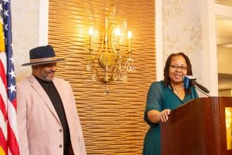 UFT Political Director Vanecia Wilson appears onstage at the UFT African Heritage Committee Awards Dinner to accept, on behalf of City Council Member Rita Joseph, the UFT African Heritage Committee’s Frederick Douglass Award for Civil & Human Rights.