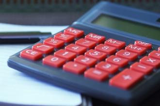 calculator with red buttons
