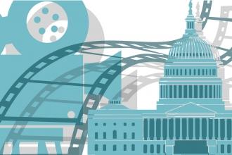 Monochromatic image of city hall super imposed with film reels