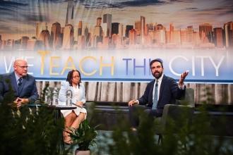 Mulgrew and Wilson question state Assemblymember Zohran Mamdani, one of six mayoral candidates who appeared at the mayoral forum during the 2025 UFT Spring Education Conference.