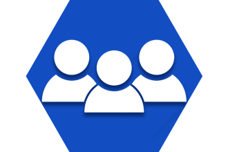 Blue hexagon showing three figures